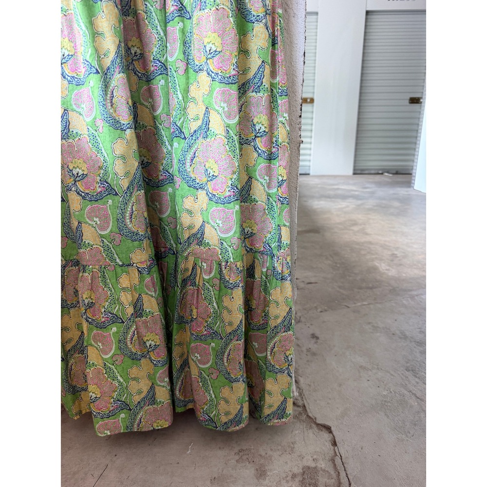 Bella Tu S Cotton Green Pink Floral Ruffle V-Neck Tiered Maxi Boho Dress Resort - Picture 5 of 9